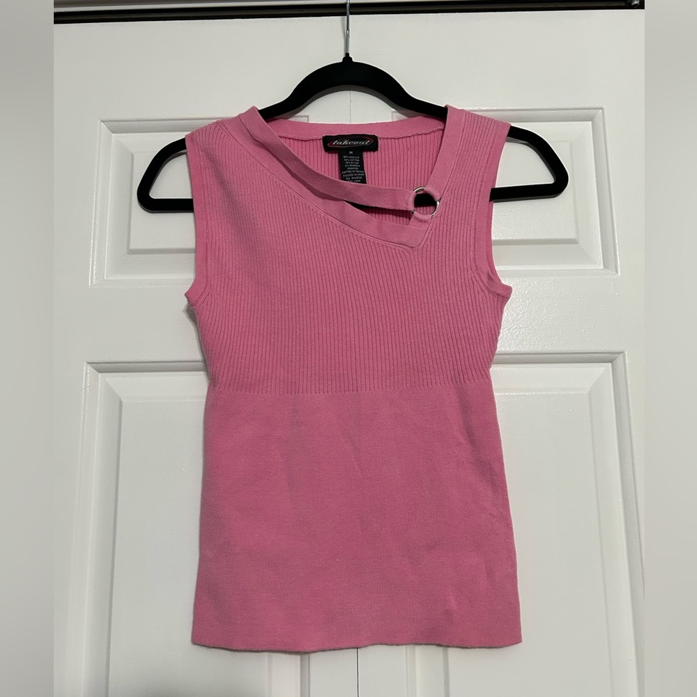Vintage Y2K Takeout Sleeveless Knit Tank with Asymmetrical & Silver Hoop Detail